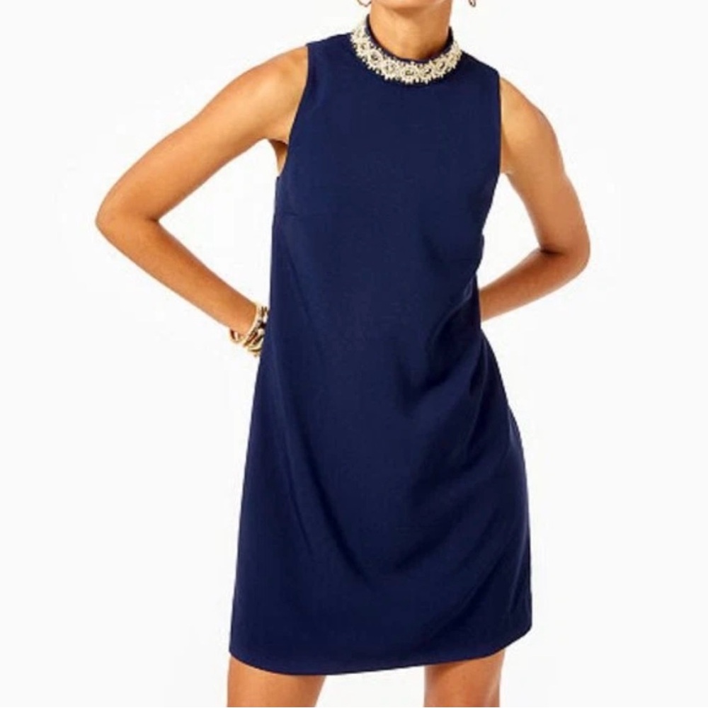 Lilly Pulitzer Navy Blue Brandi Stretch Shift Dress Beaded Collar Neckline Sz 12